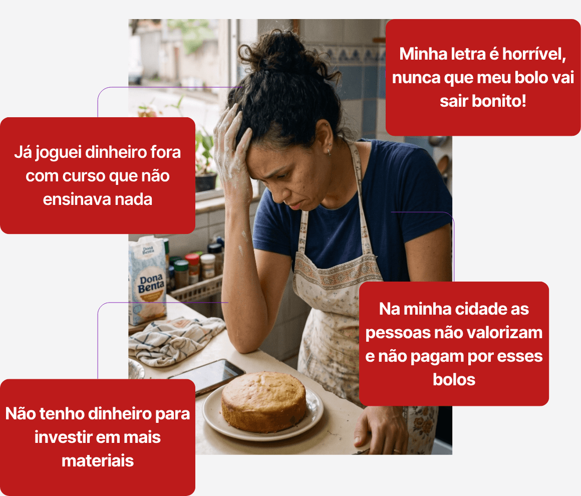 Confeiteira frustrada com pensamentos de dúvida sobre decorar bolos